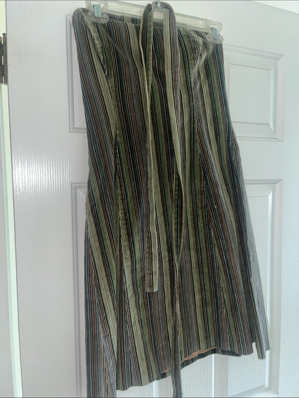 Striped Green corduroy dress with Waist Tie